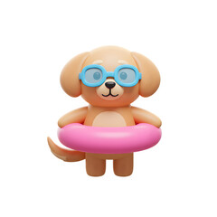 Naklejka premium 3D cute brown golden retriever puppy wearing swimming goggles and pink pool tube on summer vacation