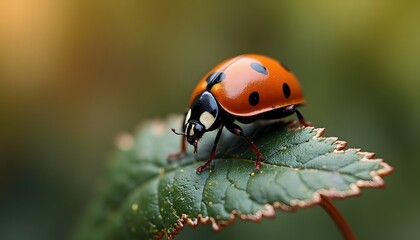 Obraz premium Ladybug on green leaf orange with black spots Macro lens shows tiny details