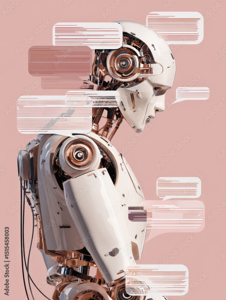 Poster broken chatbot illustration with glitching speech bubbles and soft layout showcasing technology gone