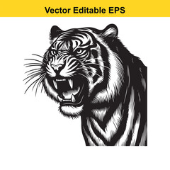 Aggressive Roaring Tiger Head Vector Illustration