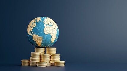 Global Wealth Concept. Globe resting on a shiny stack of gold coins on dark blue background.