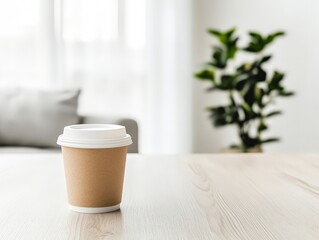 Obraz premium A takeaway coffee cup with a white lid sits on a light wooden table in a bright, modern room with a plant in the background.