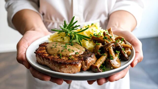 A Pair of Hands Serving a Delicious Plate of Steak and Mashed Potatoes with Mushroom Gravy