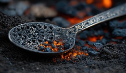 Ornate metal spoon, heated in glowing embers, rests on dark soil; intricate detailing visible