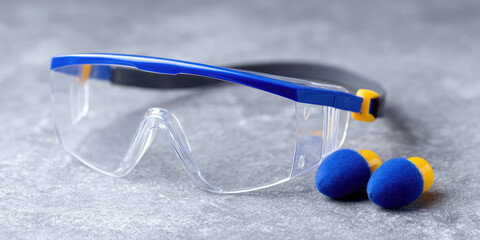Safety goggles with blue accents are placed next to blue and yellow earplugs on a textured surface. Protective gear concept