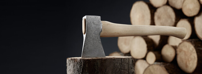 An axe is embedded in a tree stump with stacked logs in the background. Woodcutting and logging tools
