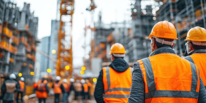Diverse Team of Specialists Inspecting Construction Site with Crane and Skyscraper Framework - Powered by Adobe