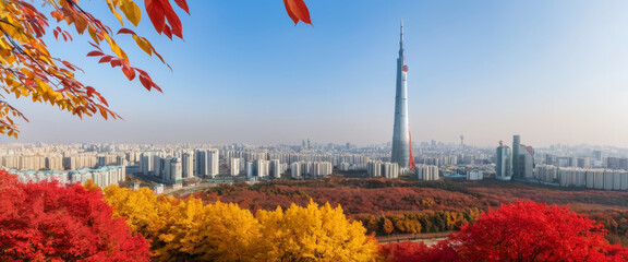 Stunning view of city skyline with vibrant autumn foliage