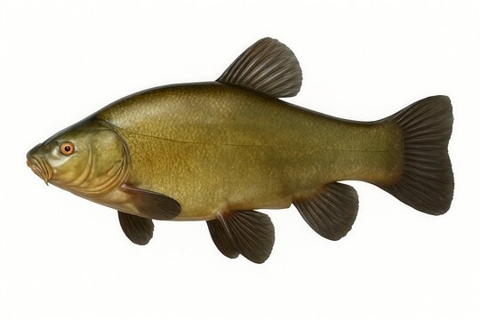 Tench fish swimming underwater on white background