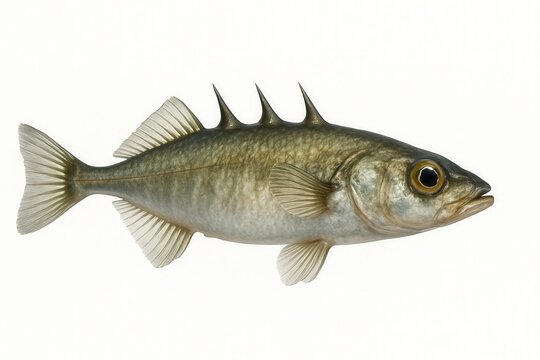 Three spined Stickleback swimming underwater on white background