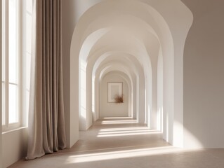 A long hallway with a white wall and a window. The window is open and the curtains are drawn