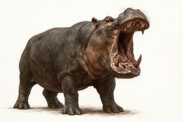 Obraz premium Aggressive hippopotamus opening its mouth showing teeth on white background