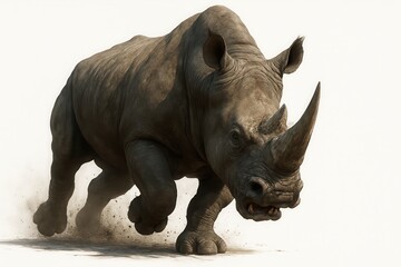 Obraz premium Aggressive rhinoceros running and raising dust on white background