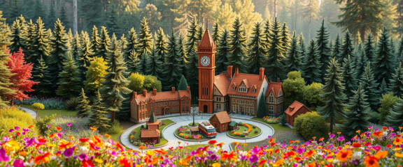 Charming miniature village surrounded by vibrant flowers