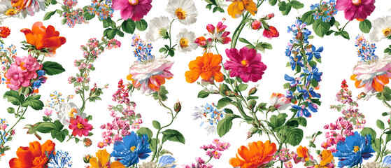 Colorful floral pattern design with vibrant blooms on white background
