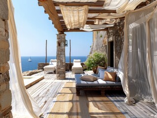 Obraz premium A white beach house with a balcony overlooking the ocean. The balcony has a white canopy and a white bed