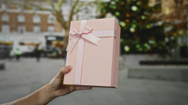 Hand holding pink gift box with ribbon outdoors in city setting, highlighting present in urban environment during holiday season with blurred background for festive effect.