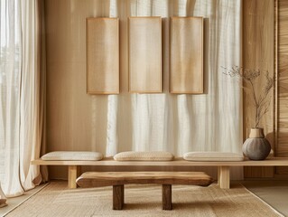 A wooden bench with three pillows on it. A vase with flowers on a table. A curtain is hanging in the background