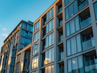 A large building with many windows and balconies. The building is mostly gray. The sky is blue
