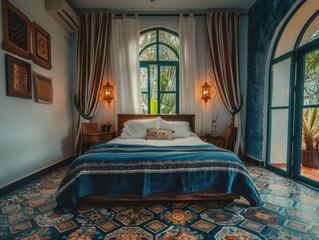 A large bed with a blue comforter and a blue blanket. The bed is in a room with a window and a door