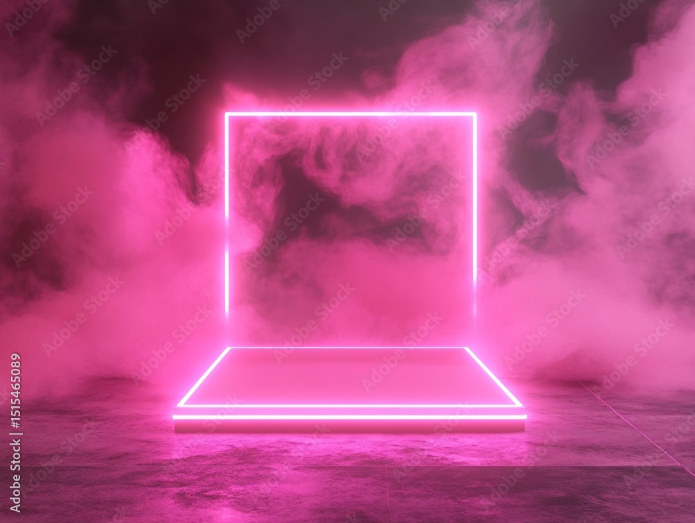 Poster digital rendering: illuminated platform with pink neon and smoke