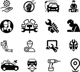 Car service icon set with garage, workshop, auto mechanic, technician, station, lubrication, maintenance and automotive.