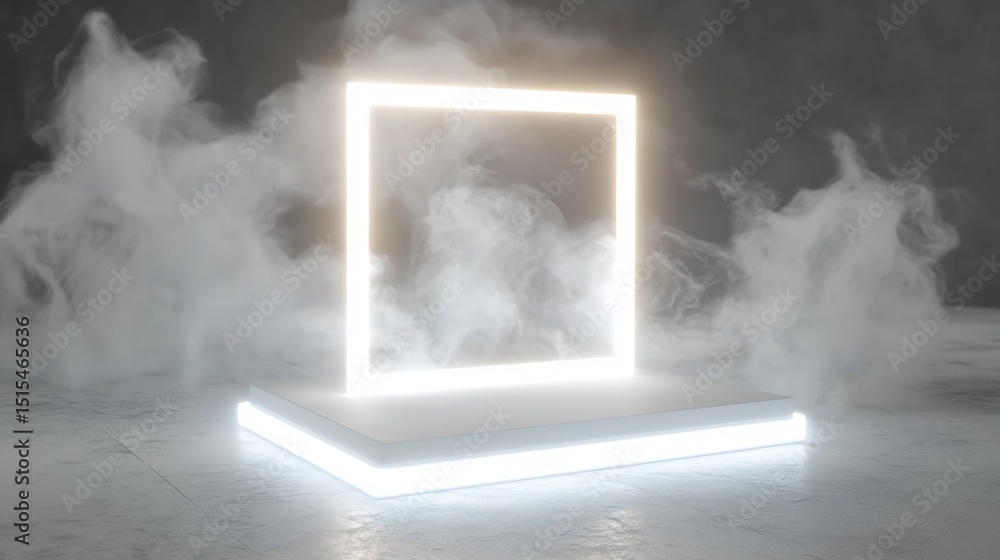 Poster illuminated platform with neon square frame and smoke