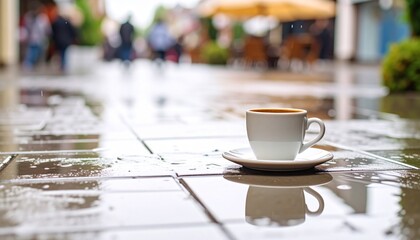 Fototapeta premium Rainy Day Coffee A Cozy Cup on a Wet Pavement