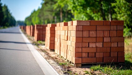 Roadside Stack of Bricks Construction Materials by the Road