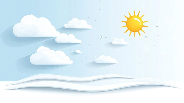 Light Blue Cartoon Sky With Sun Stars Floating Clouds Paper Art Illustration