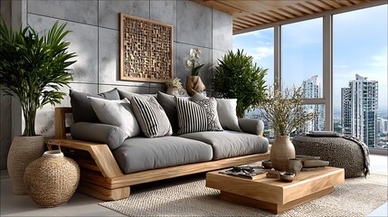 Obraz premium Contemporary living room with grey cushions and natural plants high resolution photo