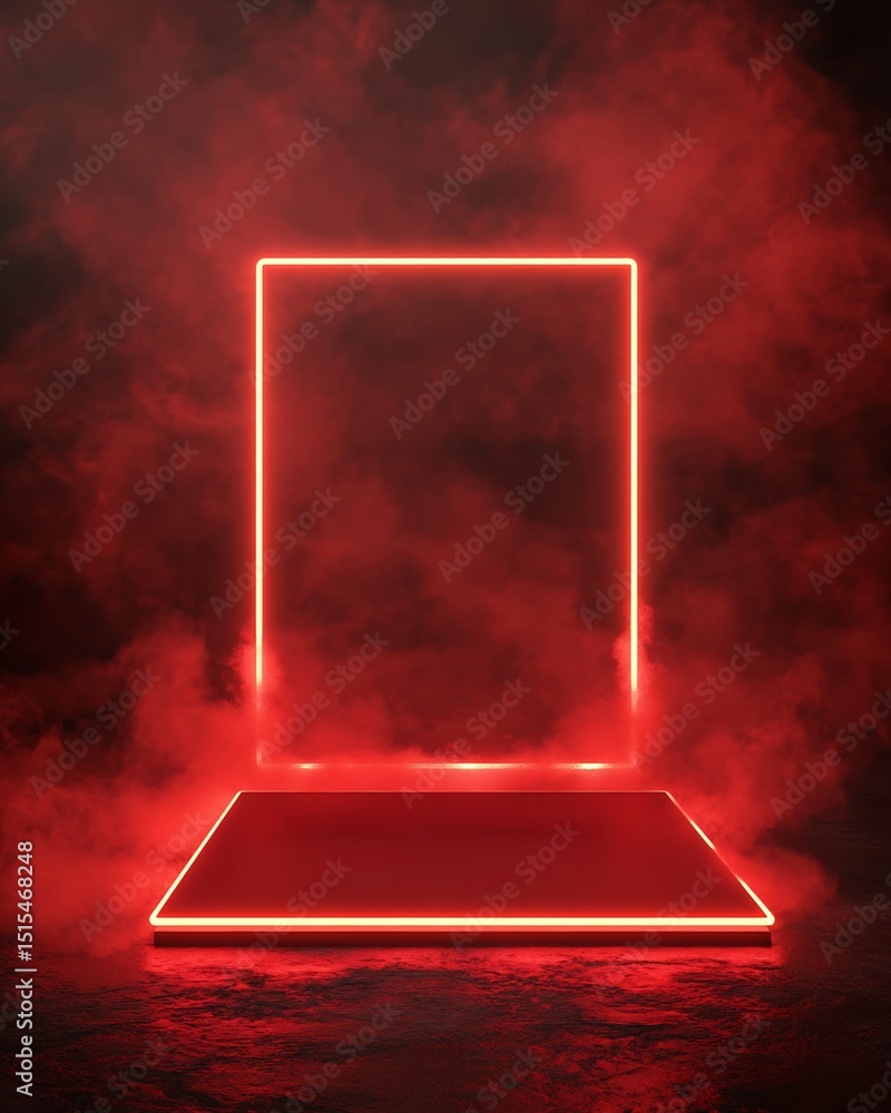 Poster red neon platform and frame in smoky setting