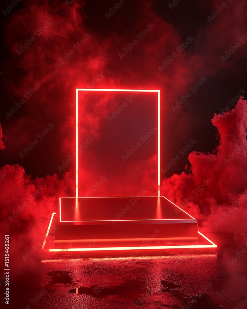 Poster red neon platform with frame and smoke
