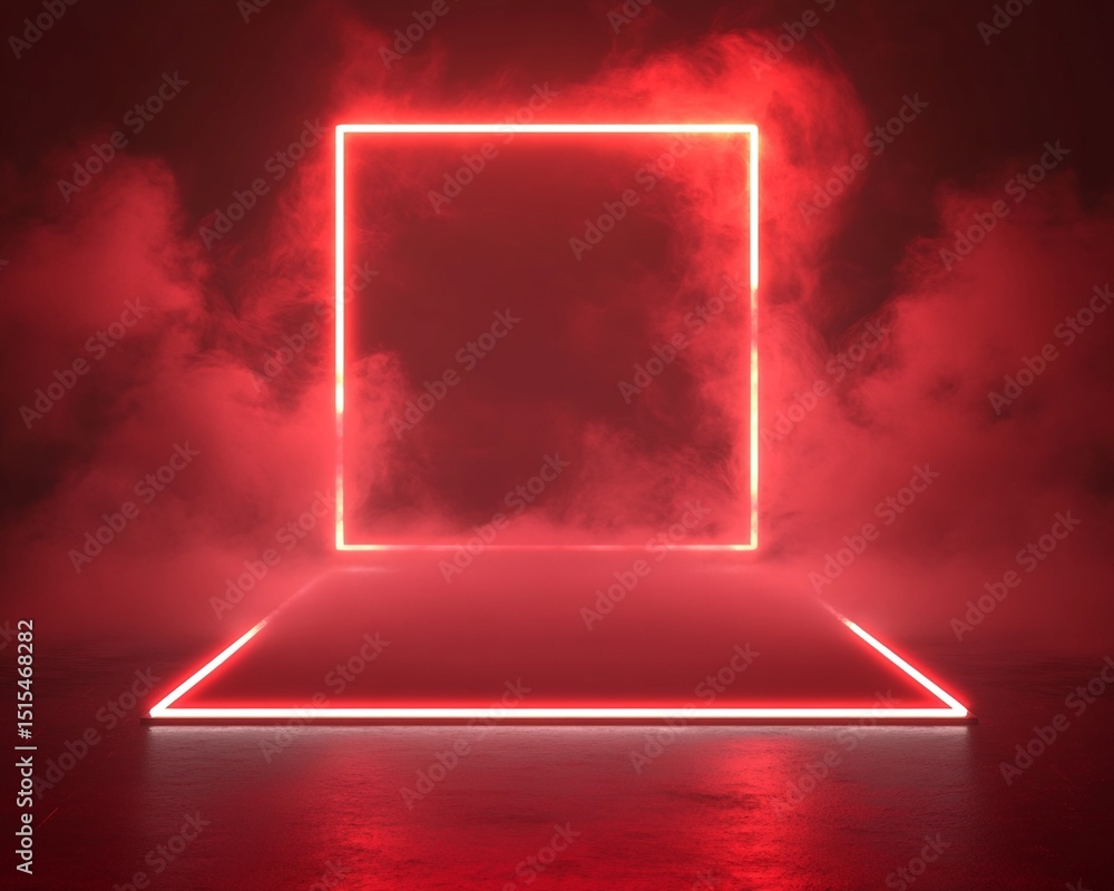 Poster red neon square frame and platform in smoky setting