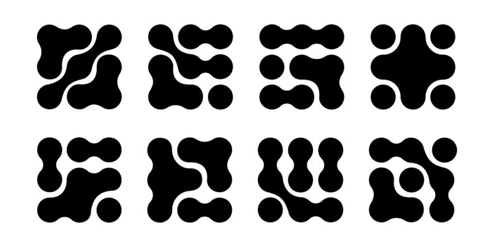 Set of metaball pattern samples. Fluid drops or morph shapes background. Organic blobs, neurons or molecules isolated on white background. Connected dots print. Vector graphic illustration.