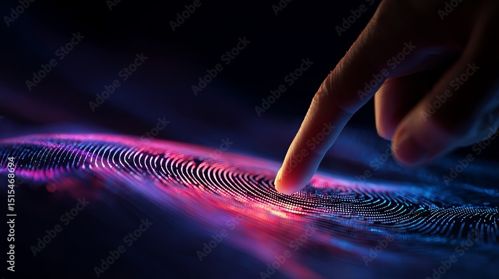Poster abstract fingerprint biometric technology digital art futuristic neon pink blue light scan security 