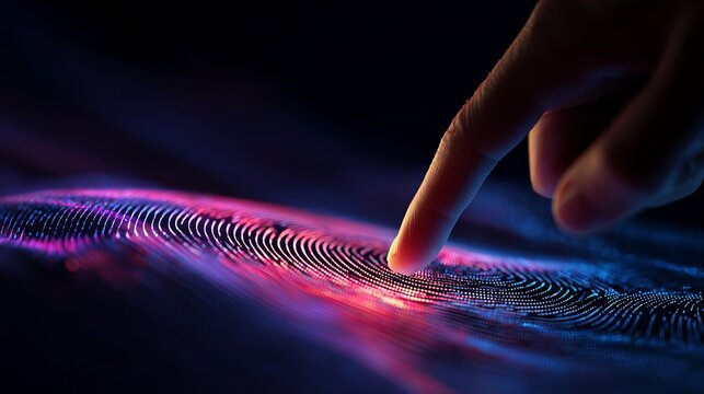 Abstract Fingerprint Biometric Technology Digital Art Futuristic Neon Pink Blue Light Scan Security Identity Authentication System Modern Design Background Image data wave hand     - Powered by Adobe