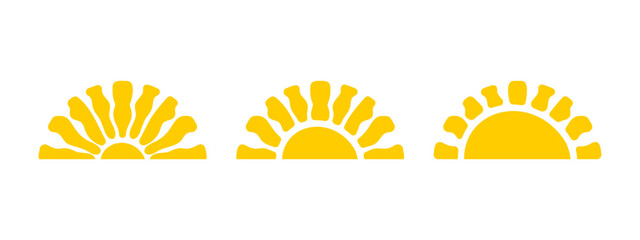 Cute silhouettes of half suns. Wavy yellow sunny rays in semicircle shape. Sunburst, sunrise or sunset signs. Summer theme modern print. Happy positive vibes concept. Vector flat illustration.