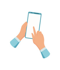 Smartphone in hand with a blank screen. User touches the mobile phone template for app interaction. Simple design offers a clean layout for various digital applications and communication needs.