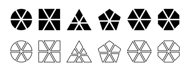 Basic geometric shapes divided into 6 sectors isolated on white background. Round, square and triangle, pentagon, hexagon and octagon shapes cut in six equal segments. Vector graphic illustration.
