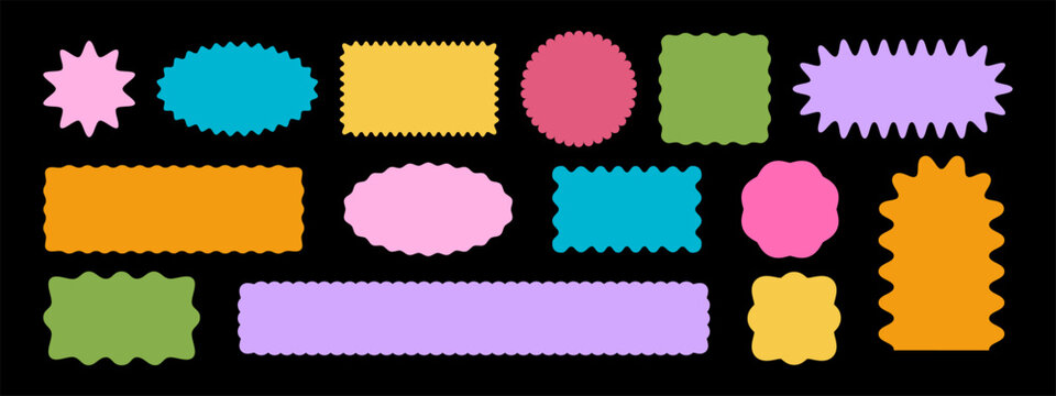 Set of colorful arch, rectangle and square, oval and circle shapes with scalloped edges. Cute basic geometric forms with curvy borders. Empty text boxes, tags or labels. Vector flat illustration.
