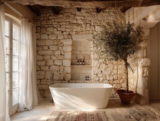 A white bathtub is in a room with a stone wall. A potted tree is next to the bathtub