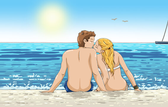Pareja joven sentados en la playa bes&aacute;ndose.