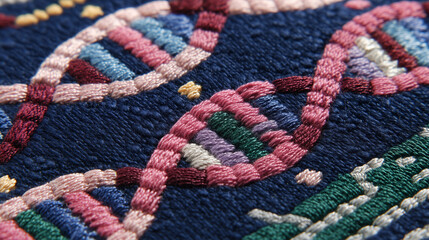 Detailed Close-Up of Embroidered DNA Double Helix with Vibrant Threadwork on Navy Fabric