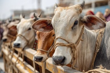 A light brown Indian cow looks over a fence with a rope tied to it