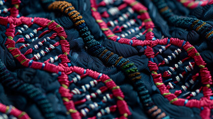 Textured Close-Up of DNA-Inspired Embroidery with Metallic Threads on Quilted Navy Fabric