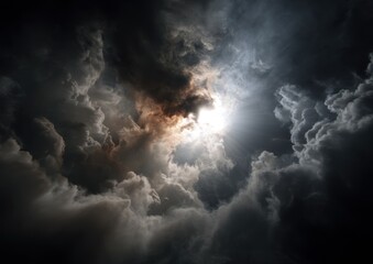 Dramatic clouds fill the sky, sunbeams piercing through.