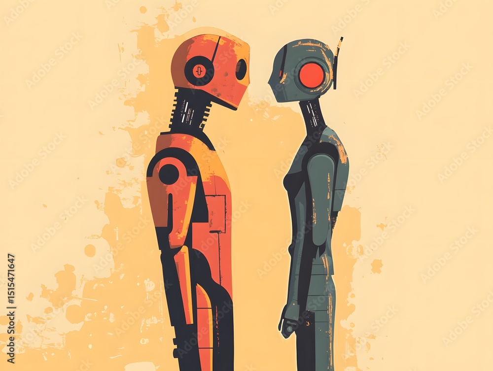 Aufkleber digital companions: two stylized robots engage in an intimate interaction, their metallic forms set 