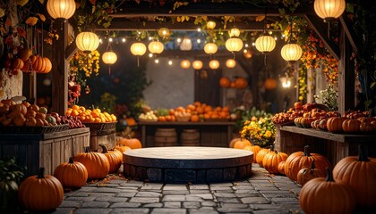Rustic autumn market pumpkins illuminate the scene