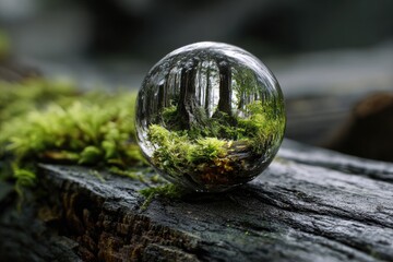 A crystal sphere rests on mossy wood, reflecting a miniature forest scene within its clear surface